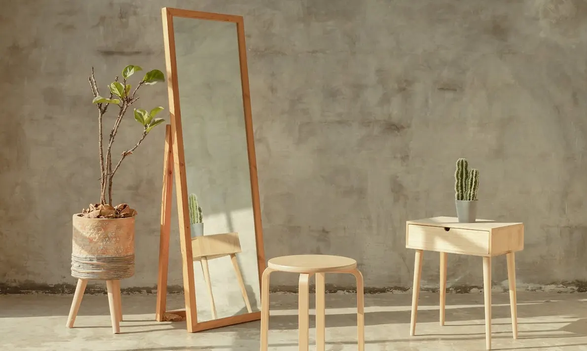 Japandi style mirror wood furniture Monica Wilcox Interiors