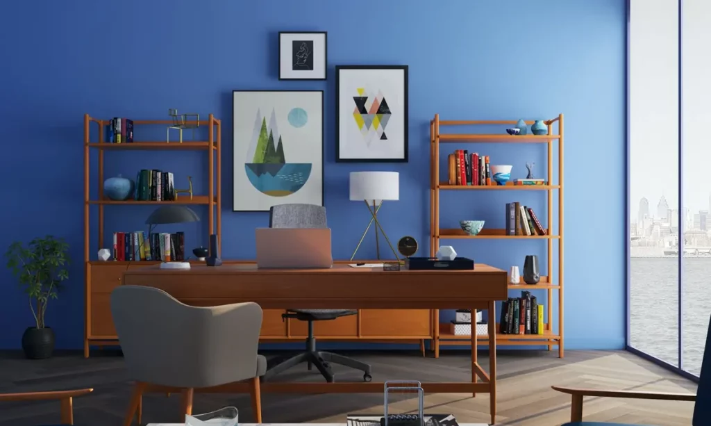 Blue wall wood desk pain color interior design style - Monica Wilcox Interior design Texas