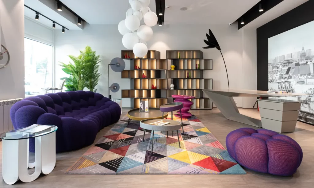 purple sofa colorful rug Eclectic interior design style Monica Wilcox Interior design Texas
