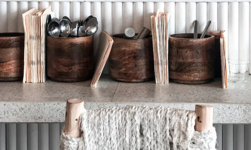 Japandi-Style kitchen accessories, wooden silverware - Monica Wilcox Interiors, TX